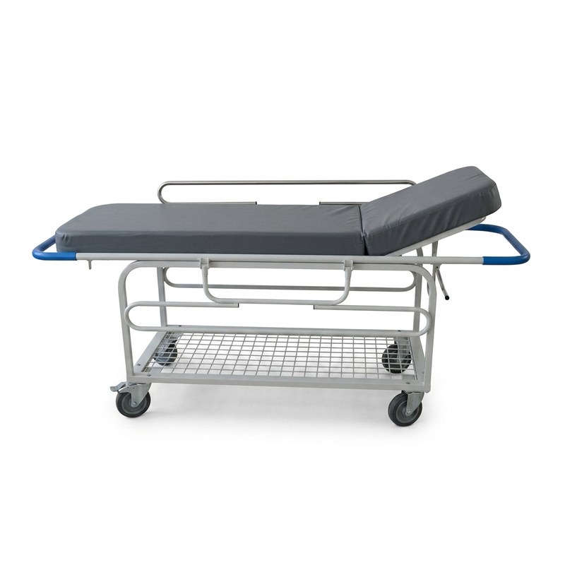 Chariot de transport de malade en acier époxy blanc, matelas similicuir noir, ridelles et roues pivotantes