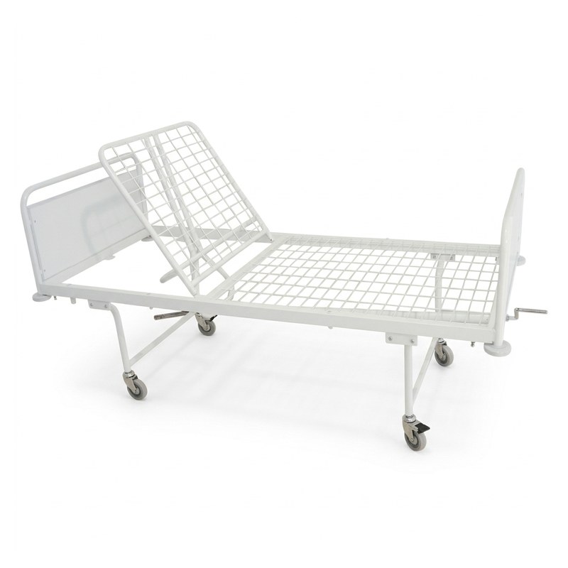 Lit médical 1 articulation en époxy blanc : relève-buste grillagé levé, manivelle repliable et 4 roues pivotantes