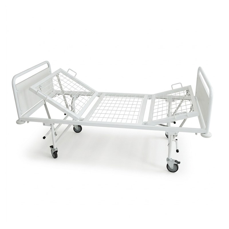 Lit médical 2 articulations en époxy blanc : relève-buste et relève-jambes grillagés levés, manivelles sous le cadre