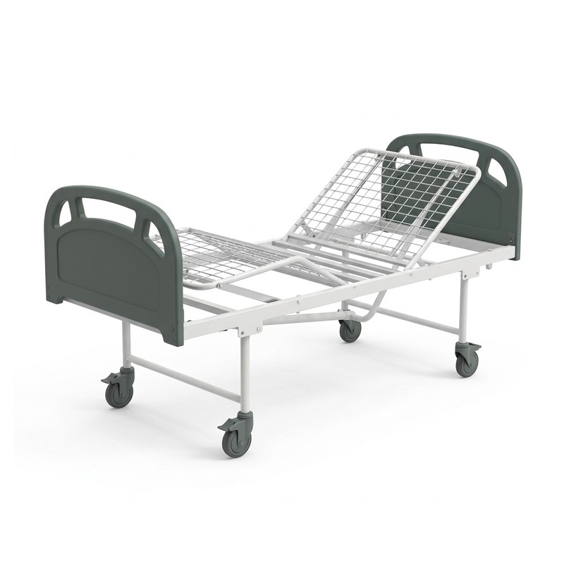 Lit médical 3 articulations mobile : sommier grillagé articulé en 4 sections, panneaux moulés et roulettes à frein