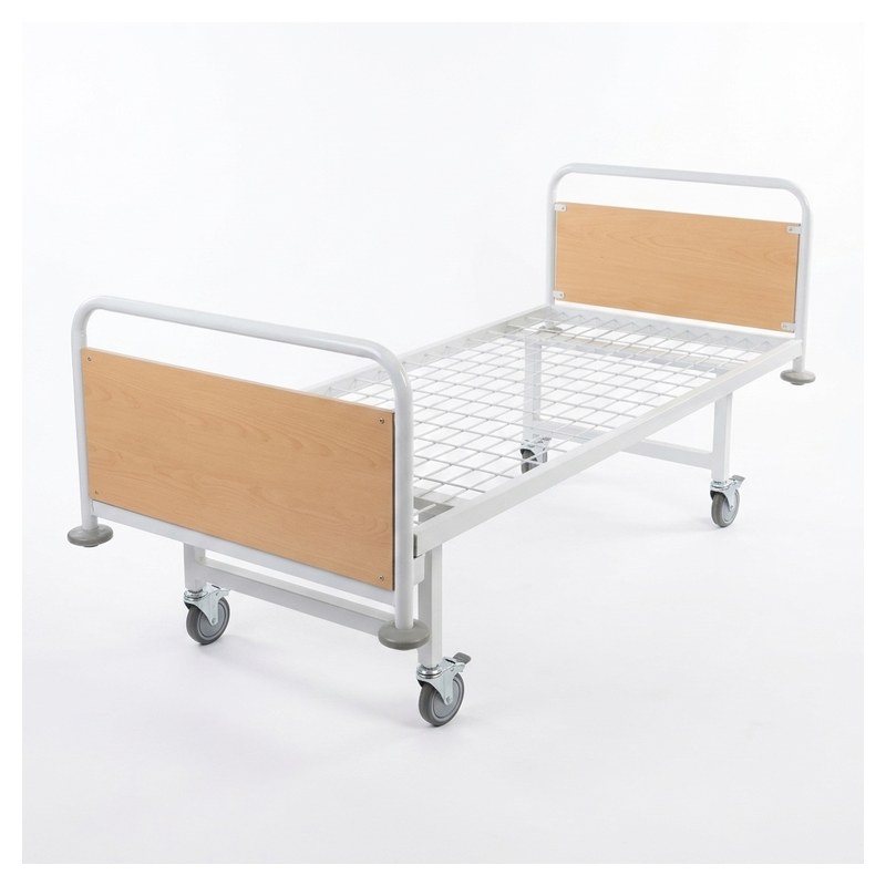 Lit simple en époxy A3 Med : sommier grillagé, tête et pied en tube rond avec panneaux stratifiés, 4 roues