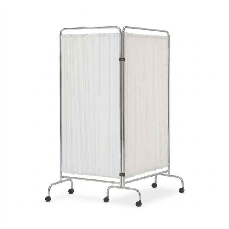Paravent médical à 2 compartiments sur roulettes, panneaux en tissu blanc opaque et structure en tube d'acier