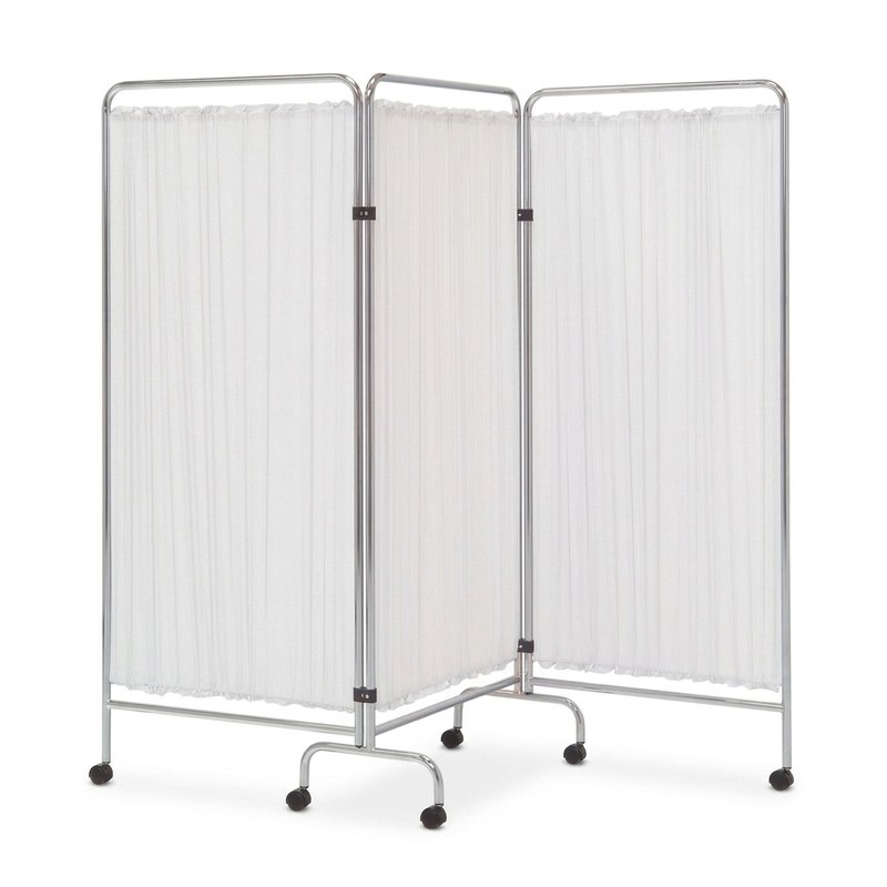 Paravent médical à 3 compartiments sur roulettes, tissu blanc opaque et structure acier époxy blanc