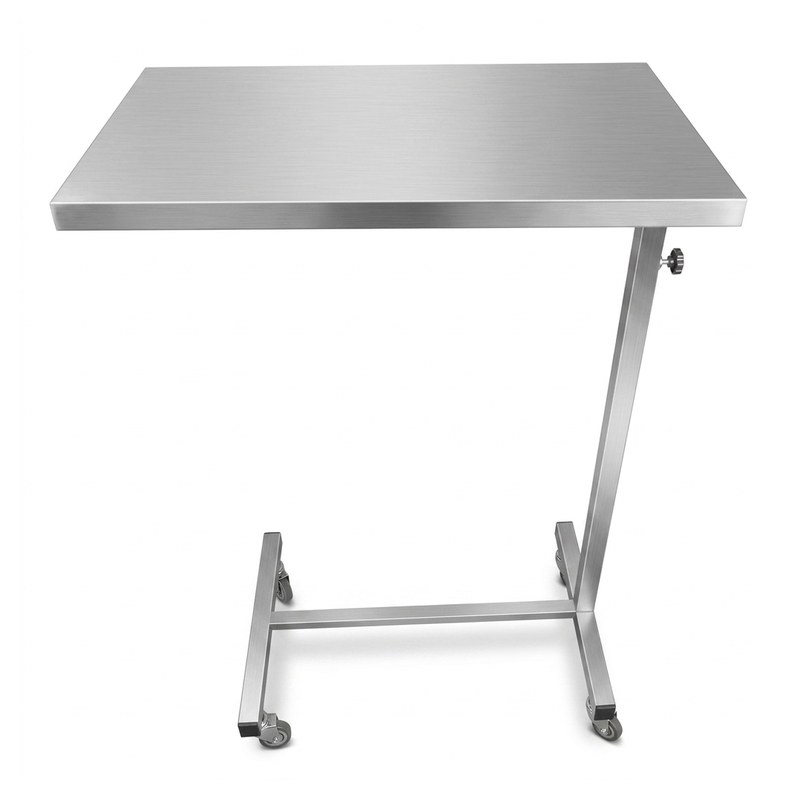 Table à manger au lit en acier inoxydable, plateau 60 × 40 cm, colonne réglable et piètement sur roulettes