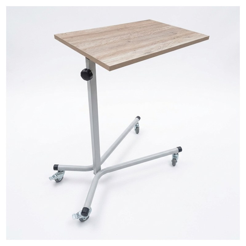 Table à manger au lit à plateau MDF finition bois, colonne réglable en hauteur et piètement sur roulettes