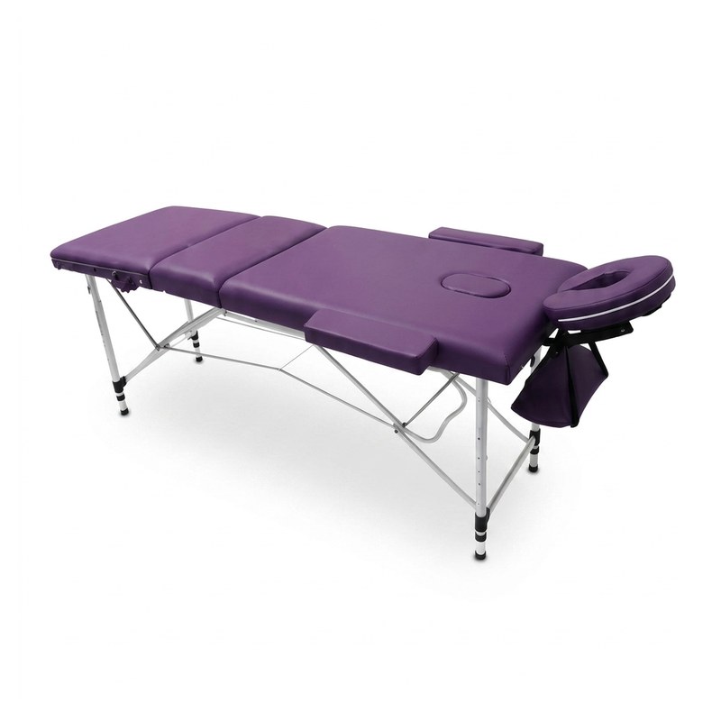 Table de massage pliante et portable violette à 3 sections avec appui-tête, accoudoirs et sac de transport