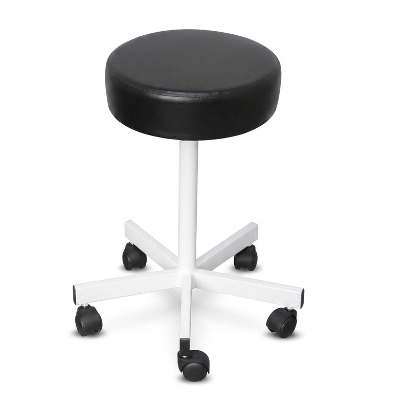 Tabouret médical à hauteur réglable, assise ronde rembourrée noire, base 5 branches en acier chromé à roulettes