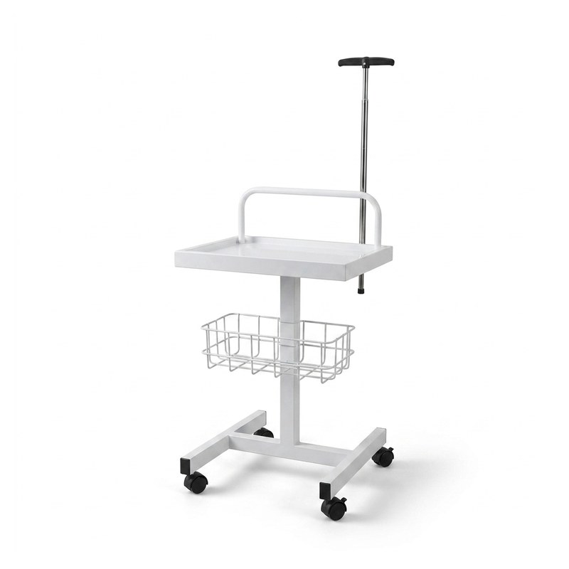 Chariot ECG blanc avec plateau, panier de rangement, potence et 4 roues dont 2 à frein
