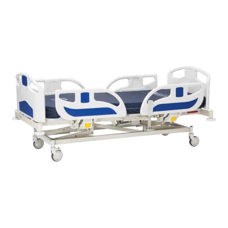 Lit médical électrique MEISSA Pioneer 3 à 3 articulations, panneaux et ridelles ABS blanc et bleu, roues 125 mm